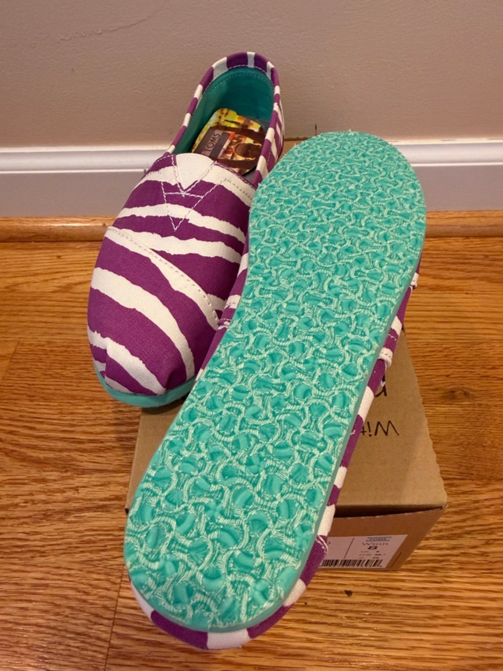 Toms Purple and White Zebra Slip-On with Turquoise Sole